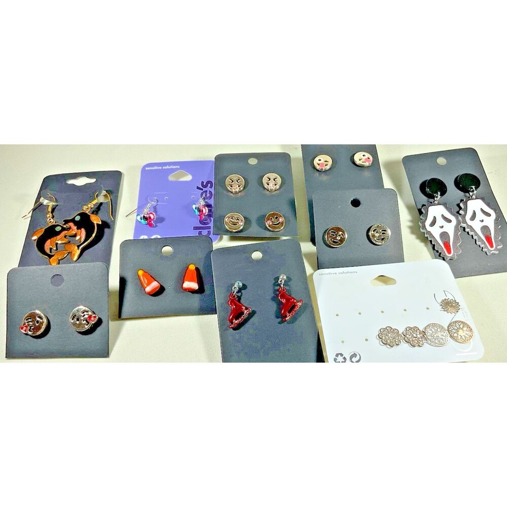 Lot 11 Pairs Pierced Earrings Kids Multicolored Emoji Skates Dolphins+ Whimsical